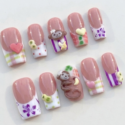 Kawaii Monkey Banana Gingham