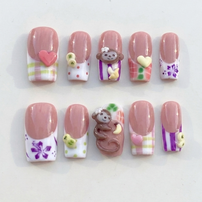 Kawaii Monkey Banana Gingham