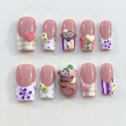 Kawaii Monkey Banana Gingham